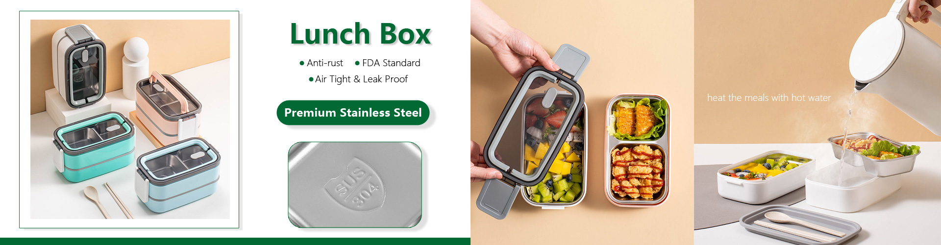 premium bento lunch box,made from solid plastic and stainless steel,2 compartments design and leak proof
