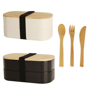 2 Compartments Japanese Bento Lunch Box with Bamboo Lid Utensils