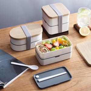 2 Layers Lunch Box with Wooden Lid Meal Prep Container with Utensil Set