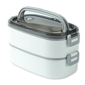 Portable Double Deck Plastic Lunch Box with Stainless Steel Container 2 Compartments